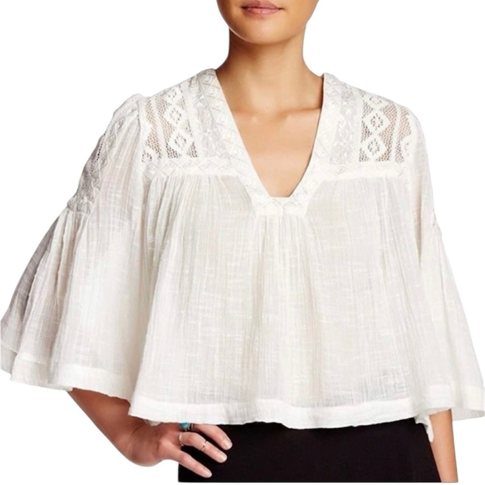 Free People Carry Me Away Boho Embroidered Lace Sheer Blouse Large Off White